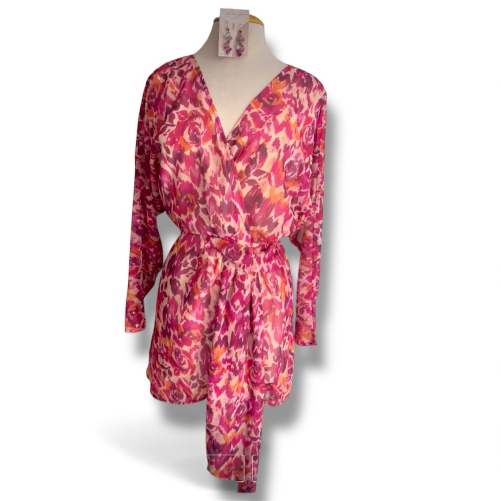 NWT BTFL-life Dress S M chiffon sheer over lined body - sheer sleeves pinks reds